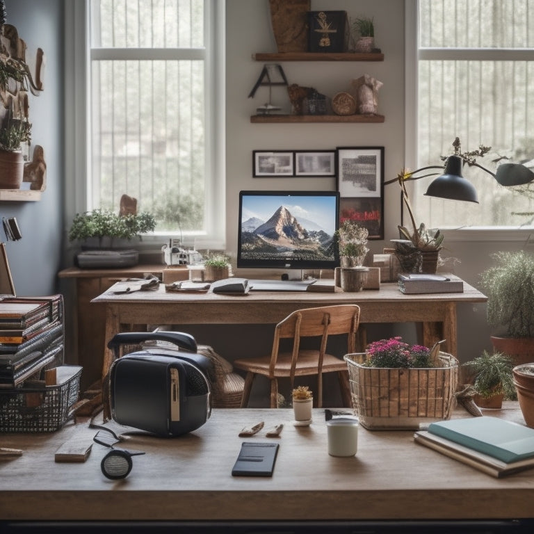 A cluttered but organized home office with a laptop open on a desk, surrounded by DIY tools and home decor items, with a subtle background of a tidy living room.