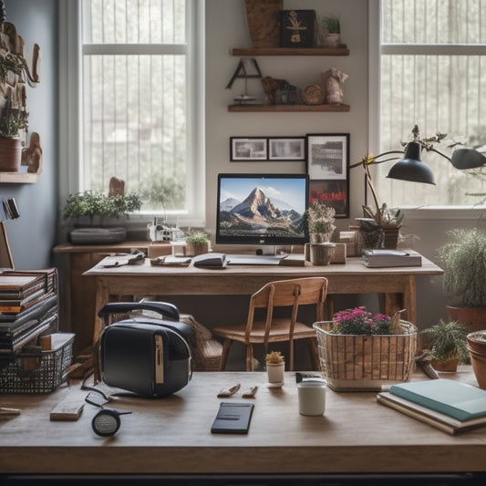 A cluttered but organized home office with a laptop open on a desk, surrounded by DIY tools and home decor items, with a subtle background of a tidy living room.