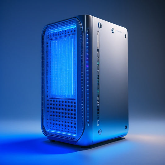 A futuristic, sleek, silver NAS device with glowing blue circuits, surrounded by swirling clouds of 1s and 0s, set against a dark, gradient blue background, with a subtle grid pattern.