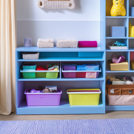 A colorful, well-lit, and organized cubby organizer with 5-7 compartments, adorned with decorative knobs, against a neutral background, with a few stylish storage bins and a few books or toys inside.