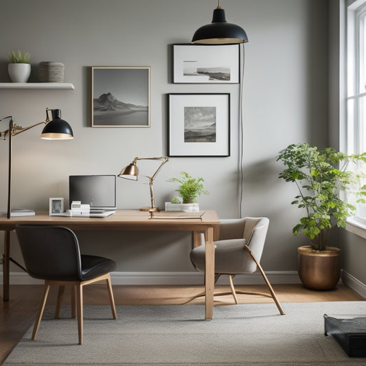 A serene, well-lit home office with a sleek desk, ergonomic chair, and a few, carefully placed, minimalist decorations, surrounded by tidy cords and a few, strategically placed, digital devices.