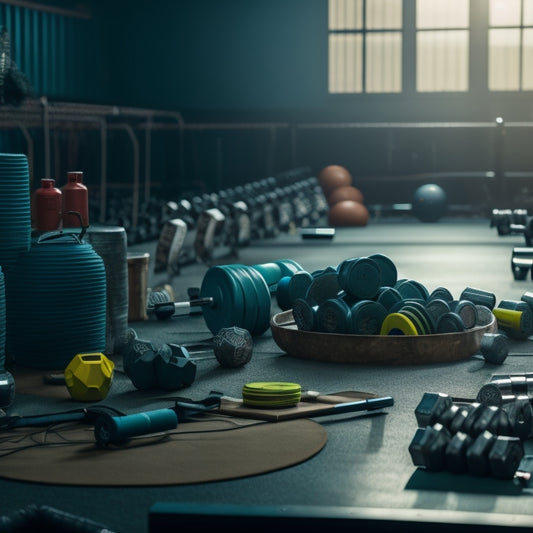A cluttered gym floor with scattered dumbbells, resistance bands, and yoga mats, surrounded by dusty old exercise equipment and abandoned water bottles, with a subtle hint of dim lighting.