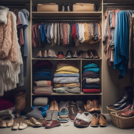 A cluttered closet interior with garments spilling out, shoes piled high, and accessories tangled together, with a few items fallen on the floor, surrounded by empty hangers and a small, vacant shelf.