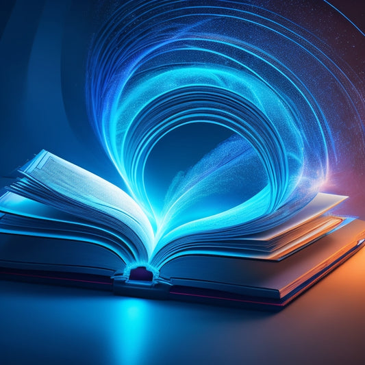 A stylized illustration of a digital book unfolding into a vortex of swirling pages, surrounded by glowing screens, wires, and circuits, with a subtle gradient of blues and whites.