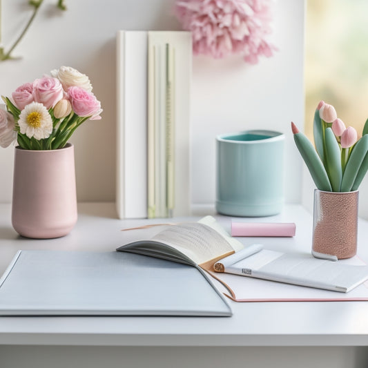 A tidy, minimalist desk with a pastel-colored planner lying open, surrounded by a few neatly arranged pens, a small vase with fresh flowers, and a subtle, blurred background of a organized home office.