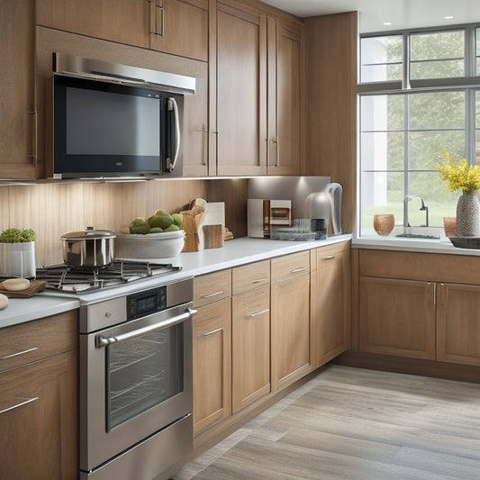 A sleek, modern kitchen with partially open, soft-close cabinets in a warm wood tone, revealing organized contents and a tablet on the counter displaying a 3D cabinet design software.