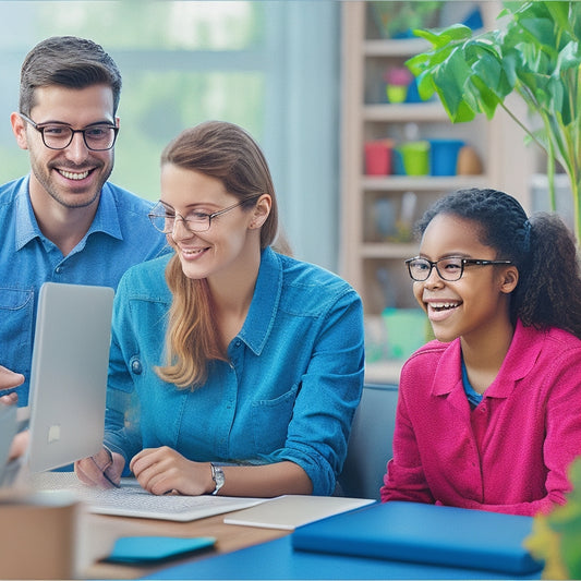 An illustration of a organized desk with colorful folders, a laptop, and a smiling teacher in the background, surrounded by thriving plants and a subtle background of students engaged in learning activities.