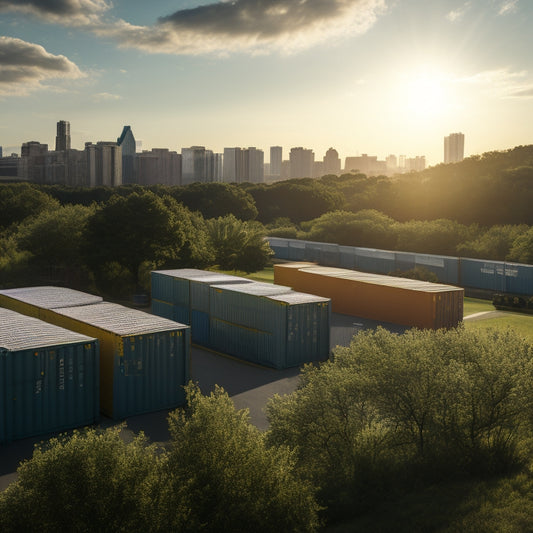 A serene, sunlit storage facility with rows of neatly organized moving containers, surrounded by lush greenery and a subtle Austin cityscape in the background.