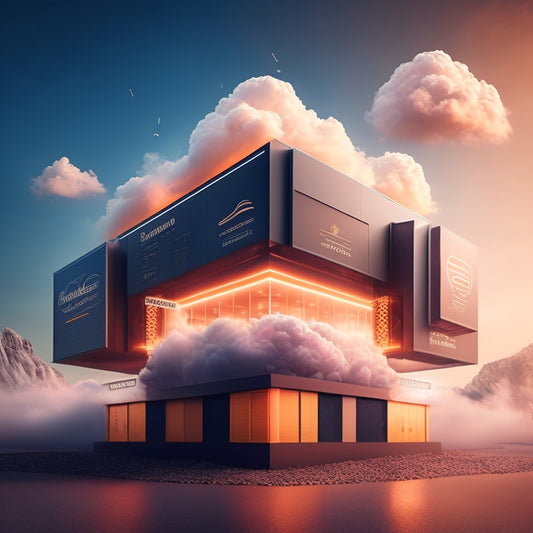 A futuristic, stylized illustration of a Magento store rising from the ground, surrounded by clouds and connected to a giant, glowing cloud storage unit, with arrows and data streams flowing between them.