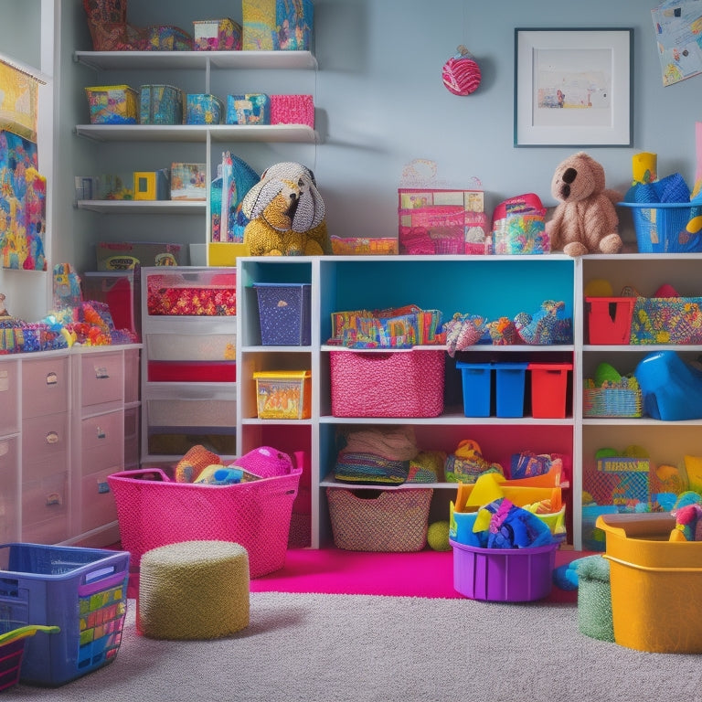 A colorful, cluttered playroom with toys scattered everywhere, contrasted with a tidy, organized area featuring labeled bins, shelves, and a tablet with an online organizational tool open on the screen.