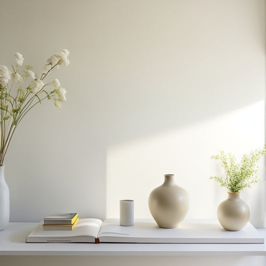 A serene, white-walled room with a minimalist desk, a single, elegant vase, and a few, carefully-curated, neutral-toned books, surrounded by empty space and soft, natural light.