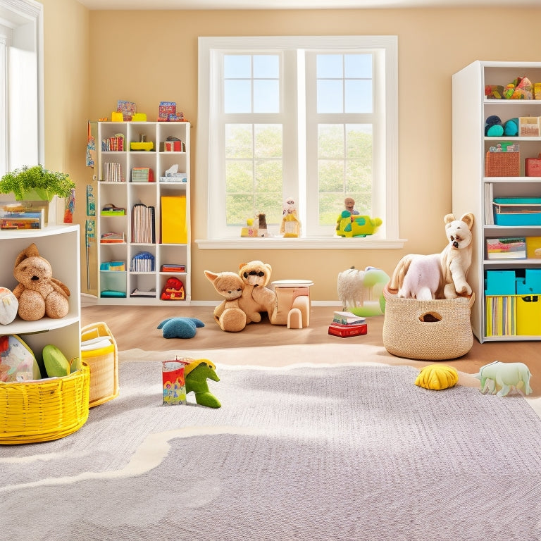 A bright, airy playroom with a neutral-colored wall, a sleek, low-to-the-ground shelf filled with labeled, colorful bins, and a few toys and books strategically placed on a plush, cream-colored rug.