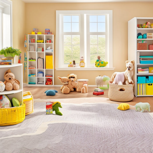 A bright, airy playroom with a neutral-colored wall, a sleek, low-to-the-ground shelf filled with labeled, colorful bins, and a few toys and books strategically placed on a plush, cream-colored rug.