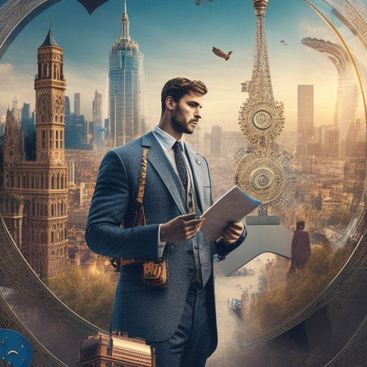 A stylized illustration of a person standing in front of a cityscape, holding a planner and surrounded by swirling arrows and puzzle pieces, with a subtle gear and clockwork mechanisms in the background.