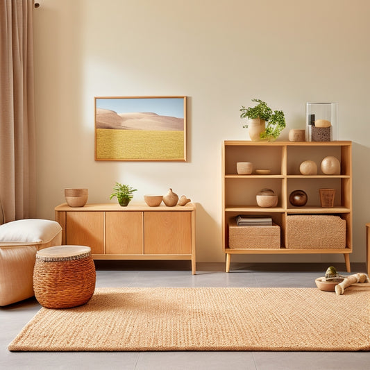 A minimalist, modern room with a beige sofa, wooden coffee table, and a few DIY storage bins in different shapes and sizes, made of natural materials like wicker and wood, placed neatly against a white wall.