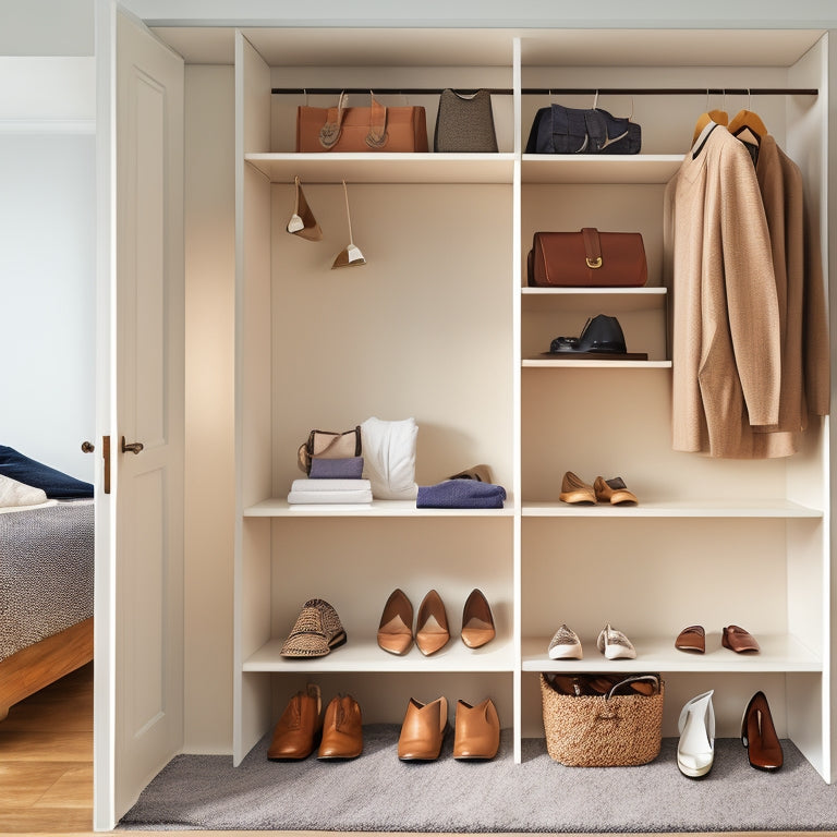 A serene, minimalist closet interior with a row of neatly hung clothes, a few pairs of shoes lined up on a shelf, and a tablet or smartphone displaying a digital closet organizer app on a nearby stool.
