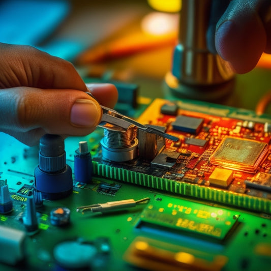 A close-up of a skilled hand holding a soldering iron, surrounded by various electronic components, wires, and tools, with molten solder flowing onto a circuit board.