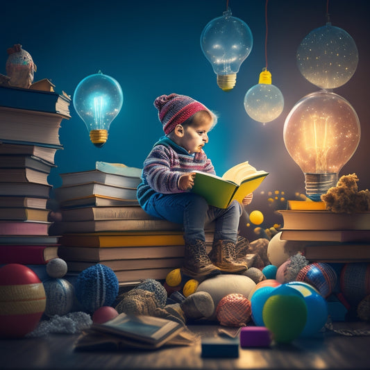 A whimsical illustration of a young child sitting on a pile of books, surrounded by thought bubbles containing tiny characters and scenes, with a bright lightbulb glowing above their head.