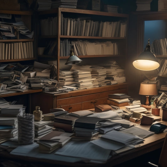 A cluttered, dimly lit home office with stacks of dusty books, crumpled papers, and broken office supplies spilling out of a tiny desk, surrounded by cramped, overflowing shelves.