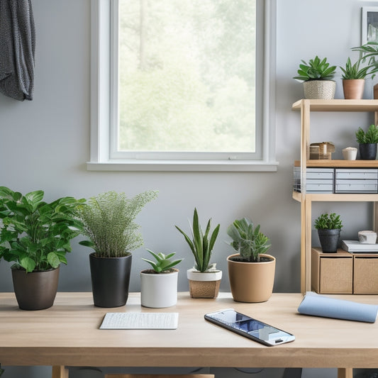 A tidy, minimalist home office with a sleek laptop, a tablet, and a smartphone on a wooden desk, surrounded by neatly labeled storage bins, a calendar, and a few potted plants.