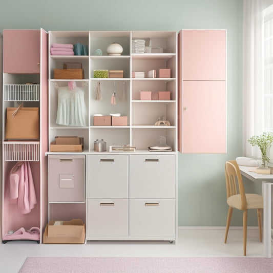 A clutter-free, minimalist studio apartment with a Murphy bed, stackable plastic bins, a hanging shoe organizer, and a foldable desk, all in a soothing pastel color palette.