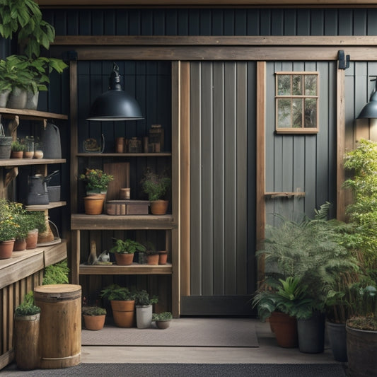 A tidy, well-lit garden shed with a slatted wooden wall, a greenery-covered roof, and a sliding glass door, featuring a pegboard with neatly arranged gardening tools and a few potted plants.