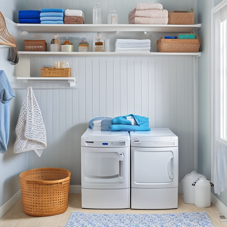 A tidy, compact laundry room with a stackable washer and dryer, surrounded by white shelves and baskets, a retractable drying rack, and a pegboard with hanging accessories.