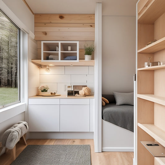 A serene, minimalist tiny home interior with a calm color palette, featuring a tidy Murphy bed, a few thoughtfully arranged decorative items, and a sense of airy, organized space.