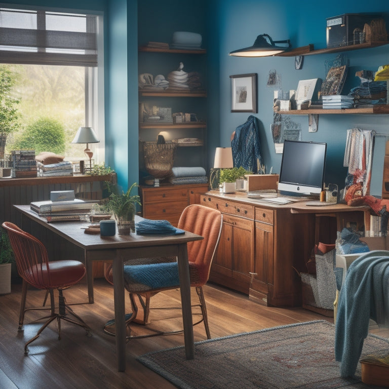 A cluttered living room with a laptop on a coffee table amidst dirty dishes and unfolded laundry, contrasted with a tidy home office in the background, featuring a desk, ergonomic chair, and organized shelves.