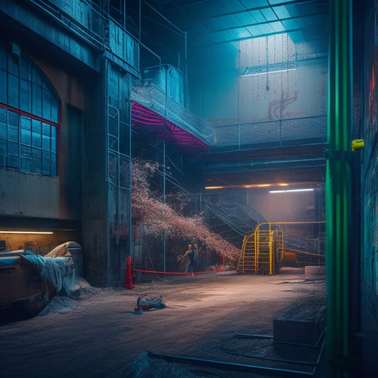 A dimly lit, industrial-style indoor space with neon accents, featuring a sprawling obstacle course with tunnels, balance beams, climbing walls, and suspended cargo nets, amidst a backdrop of urban graffiti.