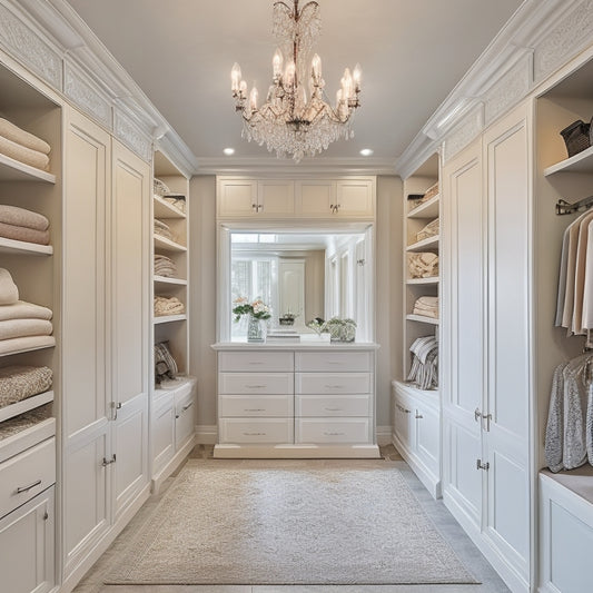 A serene, L-shaped walk-in closet with cream-colored walls, soft gray flooring, and a vaulted ceiling adorned with a stunning crystal chandelier, featuring a mix of open shelves, drawers, and rods.