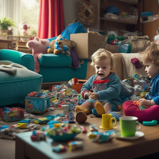 A cluttered living room with toys, dirty laundry, and scattered papers, with a frazzled mom in the background, surrounded by chaos, holding a crying baby and a cup of coffee.