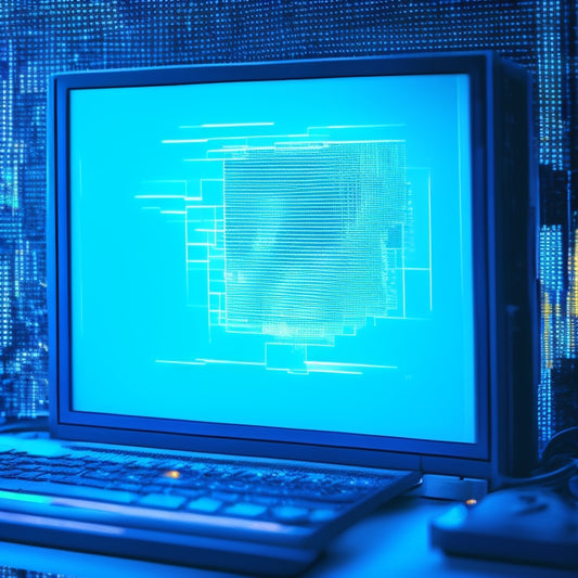 A broken, pixelated download icon on a cracked computer screen, surrounded by swirling lines and glitch art elements, with a faint customer silhouette in the background, looking frustrated.