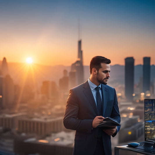 A professional standing in front of a cityscape at sunset, with a subtle background of circuit boards and laptops, holding a certificate with a subtle Dell EMC logo, surrounded by rising arrows and graphs.