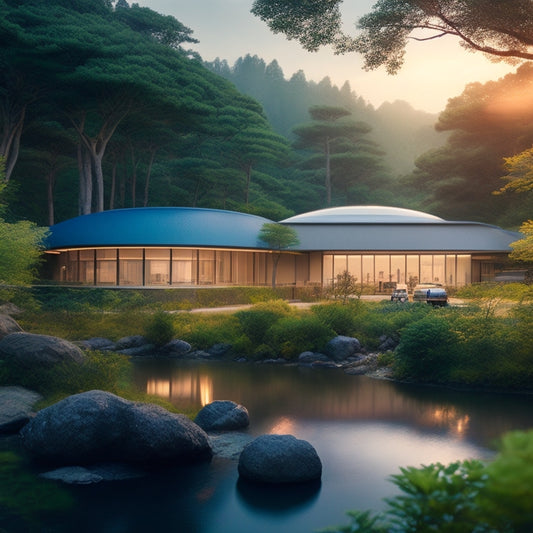 A serene Japanese village landscape with a futuristic dental clinic in the center, surrounded by lush greenery, with a subtle glow emanating from the clinic's windows, symbolizing innovation and progress.