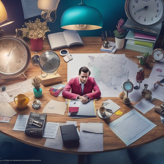 An illustration of a person sitting at a desk surrounded by scattered papers and clocks, with a large, colorful mind map in the center, radiating organized ideas and prioritized tasks.