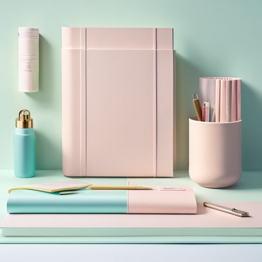 A minimalist, pastel-colored background features a repurposed cereal box transformed into a travel journal storage container, holding various notebooks, pens, and travel-sized stationery items.
