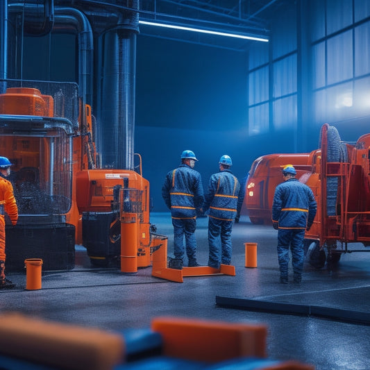 A futuristic factory scene with workers in reflective vests surrounded by machinery, featuring vibrant orange and yellow accents, with Trelleborg's rubber solutions integrated into the equipment and flooring, conveying a sense of innovation and safety.
