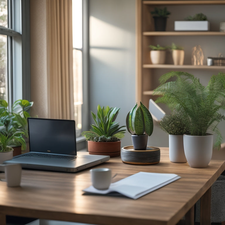 A serene home office with a wooden desk, a closed laptop, and a sleek, modern secure file box in the center, surrounded by a few potted plants and a calm, blurred background.