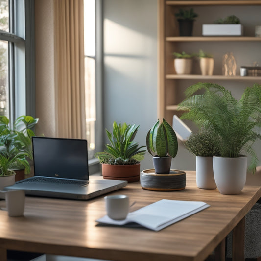 A serene home office with a wooden desk, a closed laptop, and a sleek, modern secure file box in the center, surrounded by a few potted plants and a calm, blurred background.