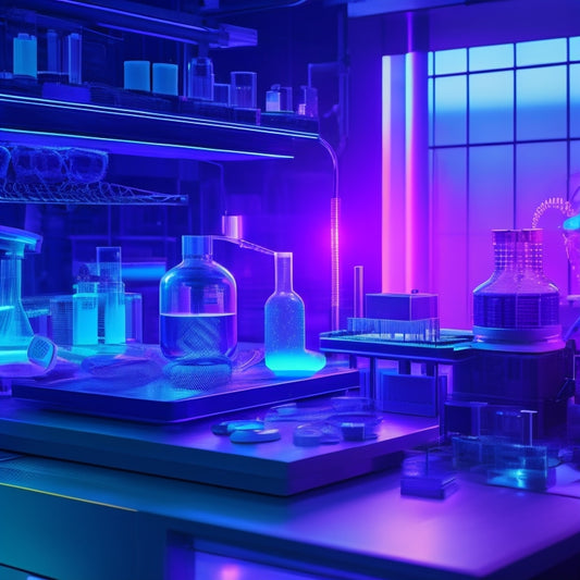 A futuristic, high-tech laboratory background with a central, glowing DNA double helix surrounded by various scientific tools, Petri dishes, and a microscope, lit by soft blue and purple hues.