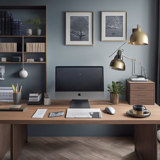 A modern, sleek office desk with a Fits-All Organizer system, featuring a combination of wooden and metal components, with neatly arranged office supplies, laptops, and papers in a harmonious, clutter-free space.