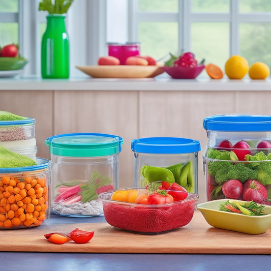 A colorful, clutter-free kitchen countertop with various sizes of clear plastic containers, lids, and utensils, surrounded by a few fresh fruits and vegetables, and a subtle wooden background.