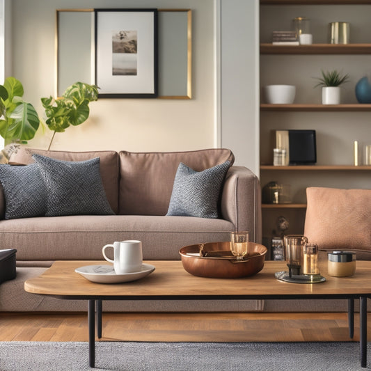 A minimalist, modern living room with a sleek laptop and smartphone on a clutter-free coffee table, surrounded by a few, carefully selected decorative items and a blurred background of organized shelves.