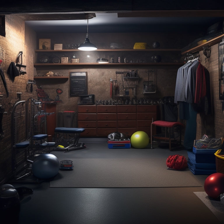 A dimly lit basement with a mix of cluttered and organized areas, featuring exercise equipment, storage bins, and a few motivational fitness posters on the walls.