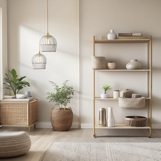 A serene, modern living room with a minimalist aesthetic, featuring a sleek, wall-mounted shelving unit, organized baskets, and a few, carefully placed decorative items, bathed in soft, natural light.