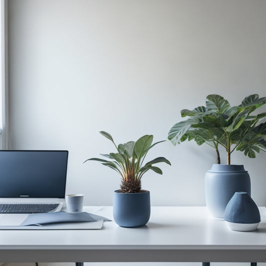 A serene, minimalist workspace with a tidy laptop, a small potted plant, and a few organized papers, surrounded by a subtle, calming background of soft blues and whites.