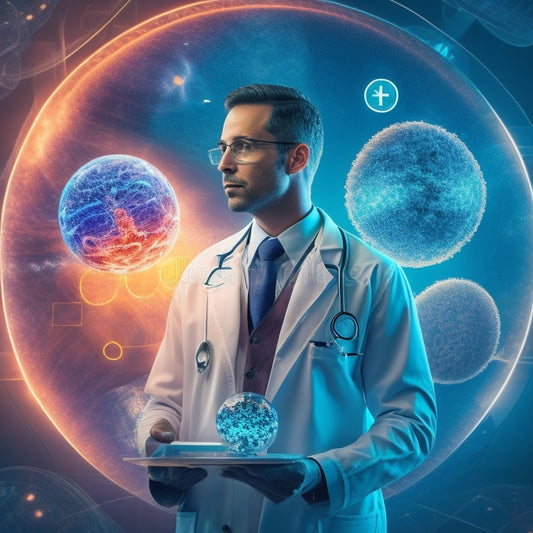 A stylized illustration of a healthcare professional standing in front of a large, glowing orb, surrounded by swirling patterns of DNA helices, stethoscopes, and medical charts, with subtle gradient effects.