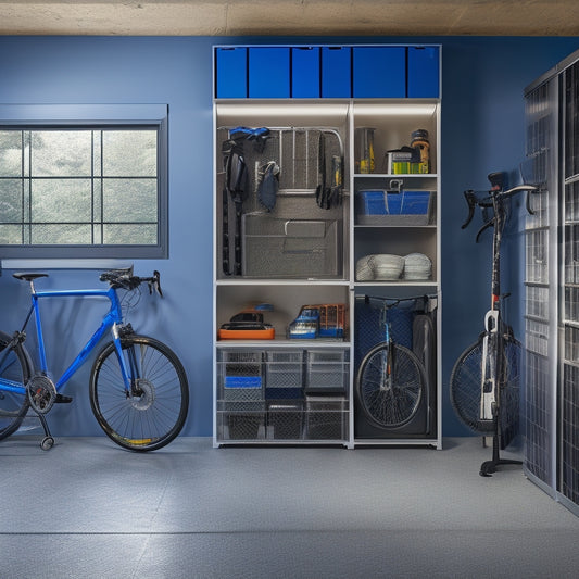 A well-organized garage interior with sleek, silver storage cabinets, bins, and hooks, surrounded by a few bicycles, a toolbox, and a sports car, with a subtle gradient of light to dark blue tones.