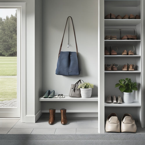 A serene, minimalist entryway with a sleek bench, a few pairs of neatly arranged shoes, and a simple hook system for coats and bags, set against a calming, light-gray background.